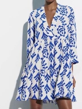 Zara White Mini Dress with Bold Blue Floral Print